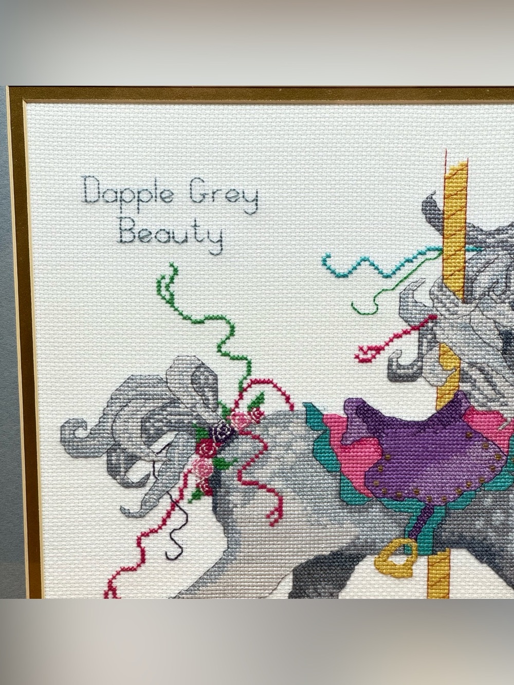 Handmade Cross Stitch Dapple Grey Carousel Horse Wall Art - Picture 5 of 7